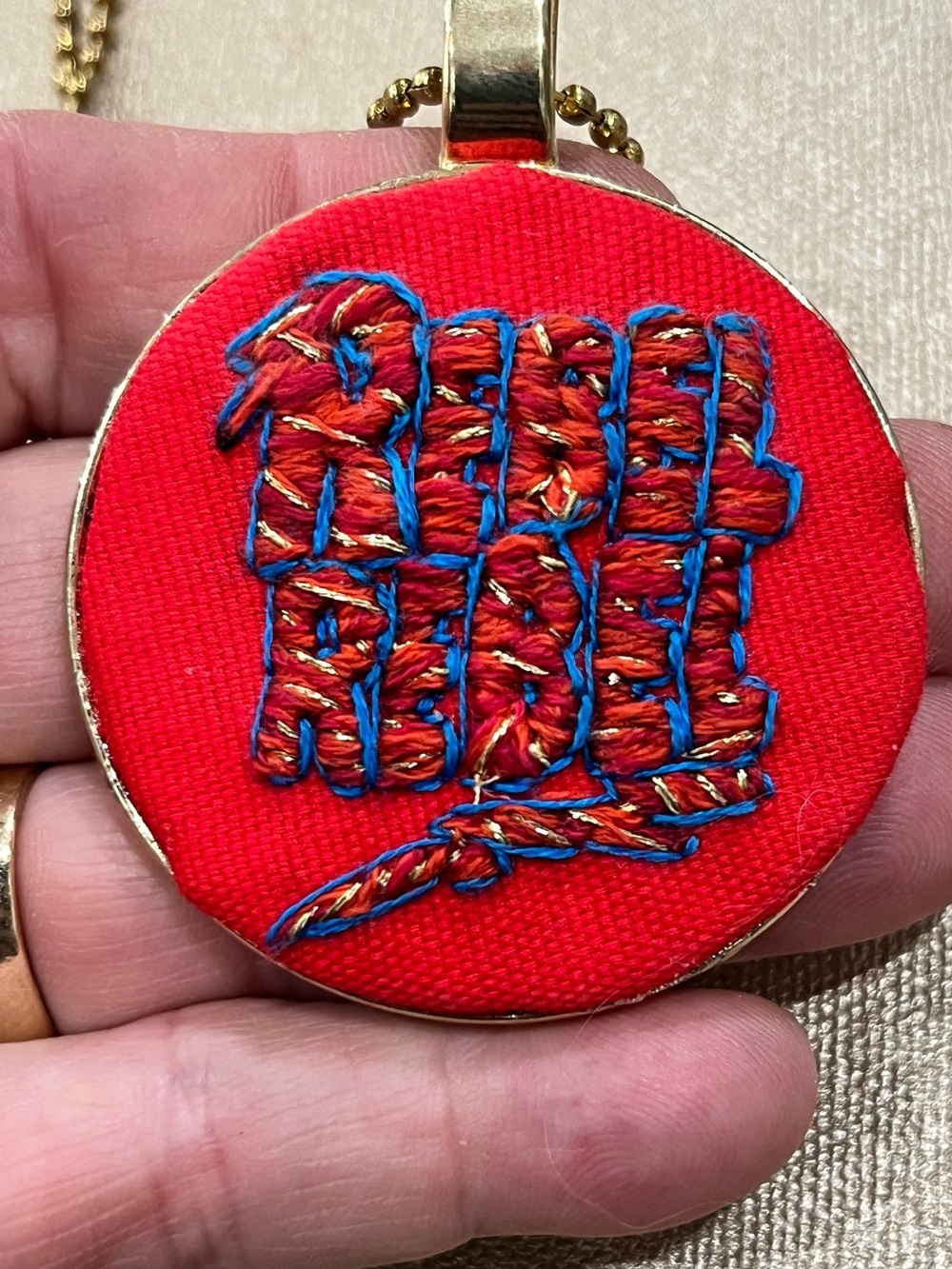David Bowie Rebel Rebel hand embroidered thread paint pendant necklace